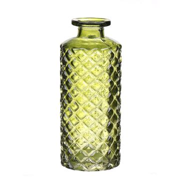 Glas Flasche Vase EMANUELA, Rautenmuster, olivgrün-klar, 13,2cm, Ø5,2cm