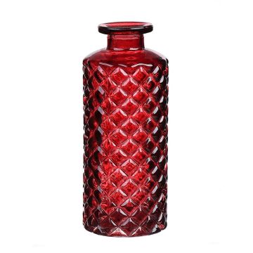 Glas Flasche Vase EMANUELA, Rautenmuster, burgunderrot-klar, 13,2cm, Ø5,2cm