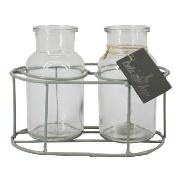 Deko Flaschen LORRIE mit Metallständer, 2 Gläser, klar-minze, 17,5x10x13cm