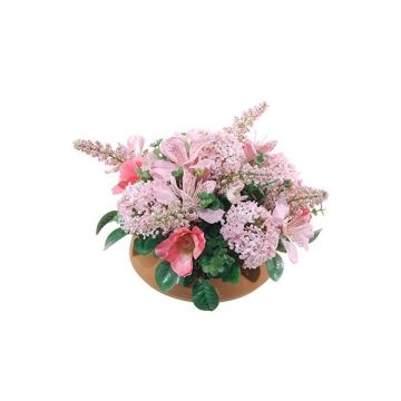 Blumengesteck künstlich Schneeball, Allium SUNY auf Platte, rosa, 17cm, Ø28cm