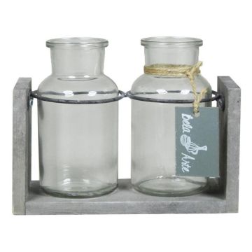 Deko Flaschen LORRIE, Glas, mit Holzständer, 2 Gläser, klar, 18x8x13cm