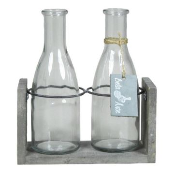 Flasche ANYA aus Glas, mit Holzständer, 2 Gläser, klar, 18x8x20cm