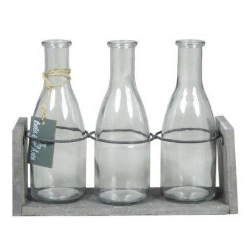 Flasche ANYA aus Glas, mit Holzständer, 3 Gläser, klar, 25x8x20cm