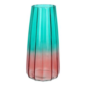 Blumenvase AMALFRIED mit Rillen, Glas, türkis-rosa, 21cm, Ø10cm