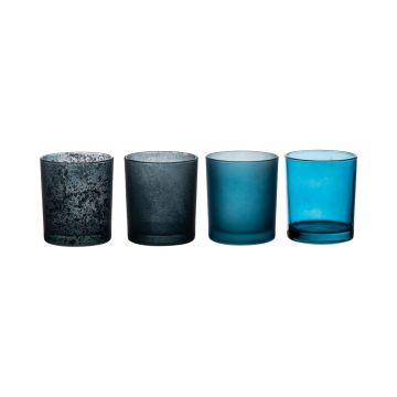 Glas Teelichthalter LYLA, 4 Stück, türkis-blau, 9cm, Ø8cm