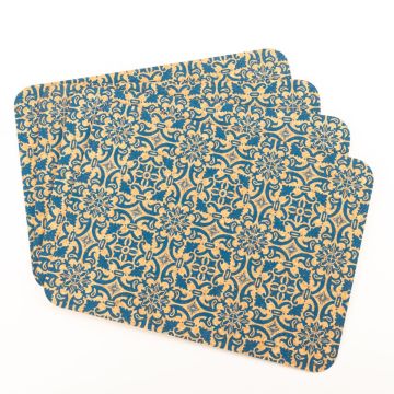 Rechteckiges Kork Platzset ROHESIA, Orientalisches Muster, 4 Stück, natur-blau, 40x30x0,3cm